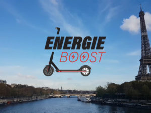 Logo Energie Boost avec comme arrière plan Paris et la tour eiffel